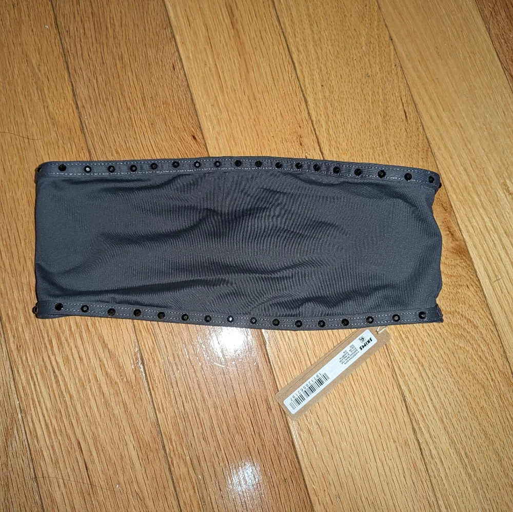 NWT SKIMS SWIM RHINESTONE BANDEAU & MID WAIST BIKINI BOTTOM SET IN GUNMETAL